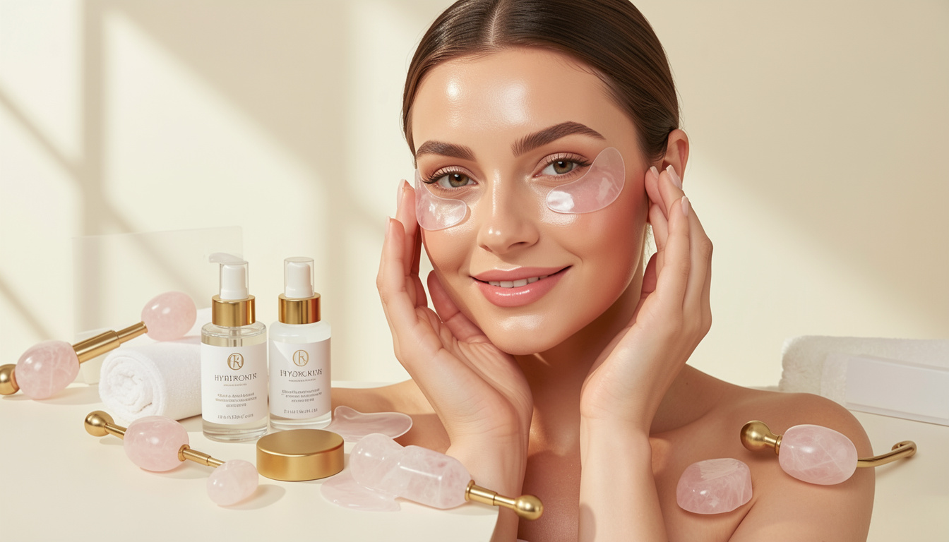Elegant skincare ritual featuring eye patches, serum, and glowing healthy skin.slider_item_p89djg
